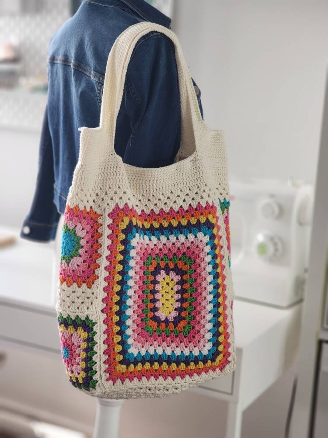 Ivory Tone Colorful Crochet Granny Square Shoulder Tote Bag - Etsy