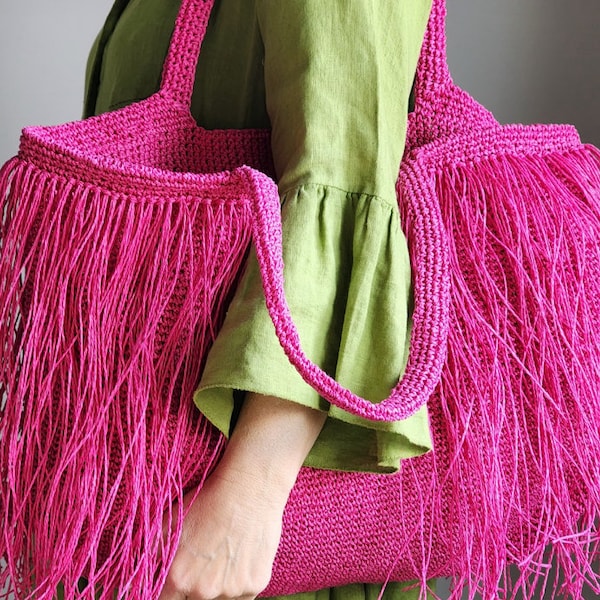 Bolso Shopper grande con borlas de rafia y crochet fucsia, bolso de hombro para la playa o como bolso elegante de mercado