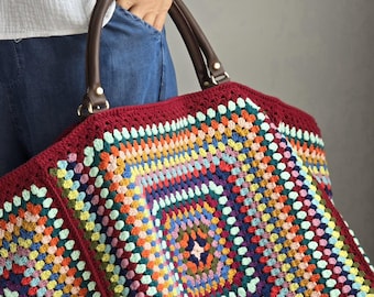 XXL Burgundy Colorful Vintage Weekend Crochet Tote Bag with Colorful Granny Stitch Design ,Huge Crochet Duffle bag,