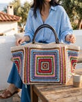 Crochet Weekender Bag, XXL Crochet Tote with Leather Handles, Boho Travel Tote, Oversized Granny Square Overnight Bag, Knittrolley Original product logo