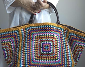 Crochet Granny Square Weekender Bag, XXL Colorful Travel Tote,Large Duffle bag
