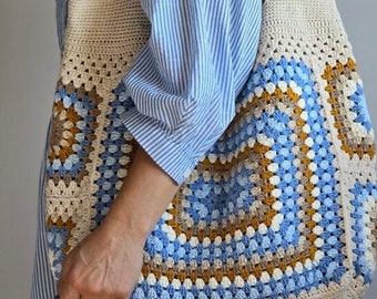 Cream Crochet Carry All Tote Bag - Handmade Granny Square Boho Bag - Blue, mustard  and beige Crochet Market Bag  pre-order