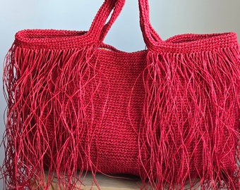 Grand sac de plage cabas en raphia au crochet rouge avec pampilles, sac à bandoulière pour sac de plage ou comme sac de marché chic