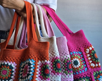 Crochet Granny Square Tote: Colorful Boho Shoulder Bag pre-order