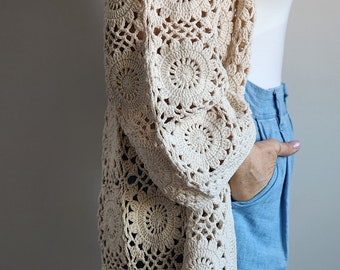 Crochet Grandma Square Natural Beige Plain Primavera/Sommers Cardigan pre pedido
