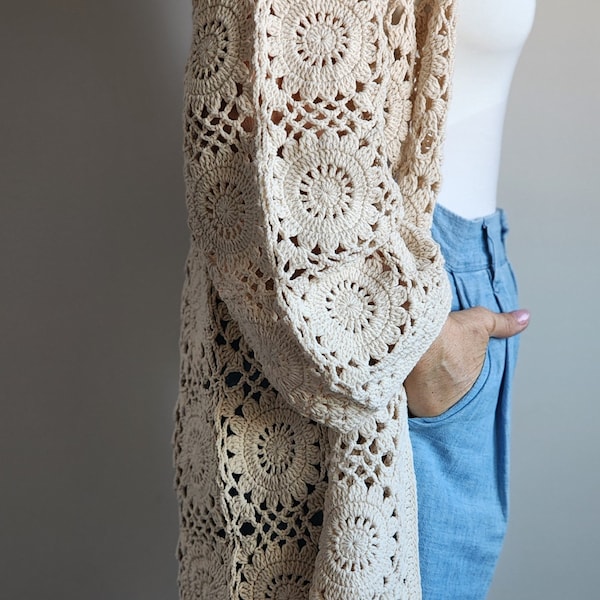 Handmade Beige Crochet Cardigan: Vintage Flower Motif, Boho Cotton Sweater pre-order