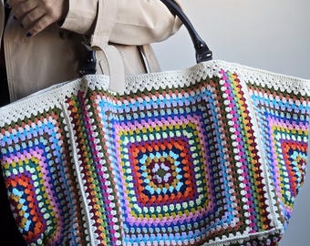 Bolso de fin de semana de ganchillo, bolso tote hecho a mano, bolso grande de ganchillo con correas de cuero, bolso de fin de semana bohemio, bolso de noche para mujer, bolso de viaje único