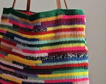 Crochet Tote Bag, Colorful Striped Shopper, Handmade Rainbow Shoulder Bag, Slouchy Summer Beach Tote, Knittrolley