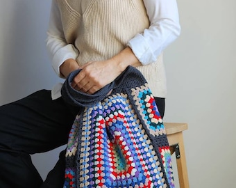 Handmade Anthracite Granny Square Crochet Tote Bag ,Colorful Vintage Style Shoulder Bag, Chic Market tote