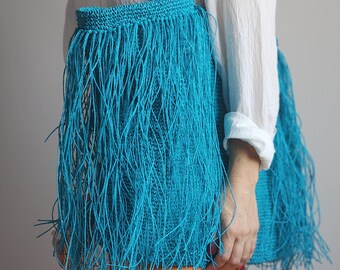 Grote turquoise gehaakte shopper met raffia kwastjes Schoudertas voor de strandtas of als chique markttas