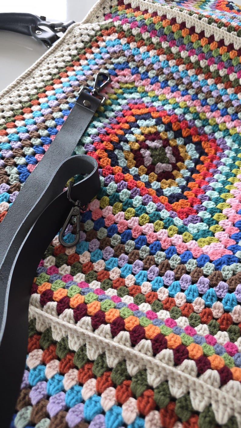Crochet Weekender Bag, Handmade Travel Tote, Large Crochet Bag with Leather Straps, Overnight Boho Bag image 12