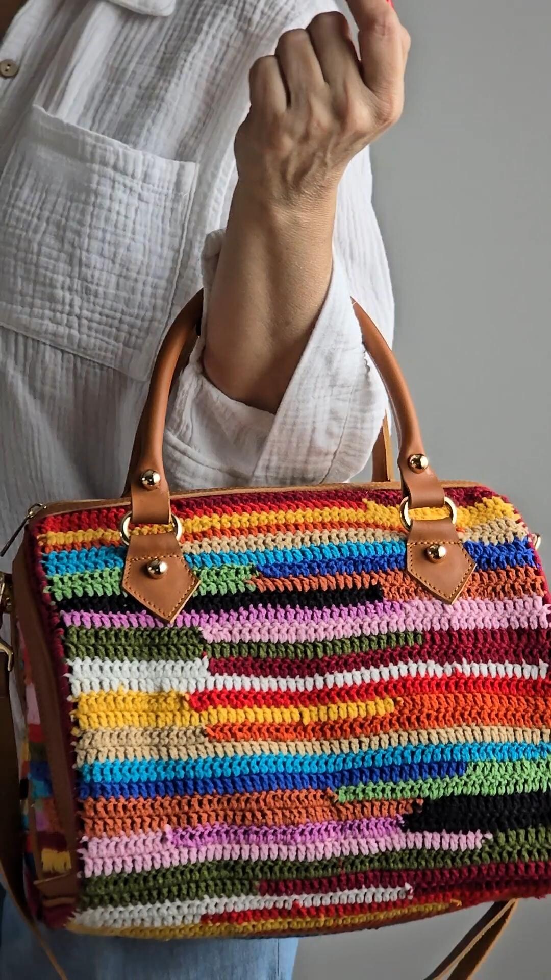 Colorful Striped Speedy Crochet Zippered Duffle Bag Top-handle