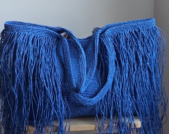 Large Blue Jean Blue Crochet Raffia Tassel Shopper Beach bag Shoulder Bag for the Beach Bag or as a Chic Market bag