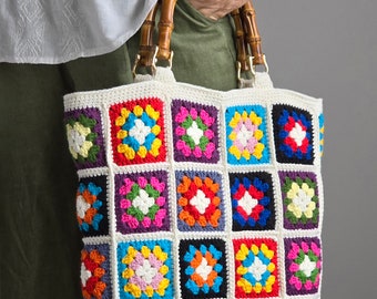Bamboo Handle Colorful Crochet Granny Square  Tote Bag in Vintage Style