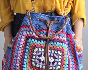 Handmade Crochet Granny Square Tote Bag with Drawstring & Magnetic Clip | Blue Boho Crochet Shoulder Bag
