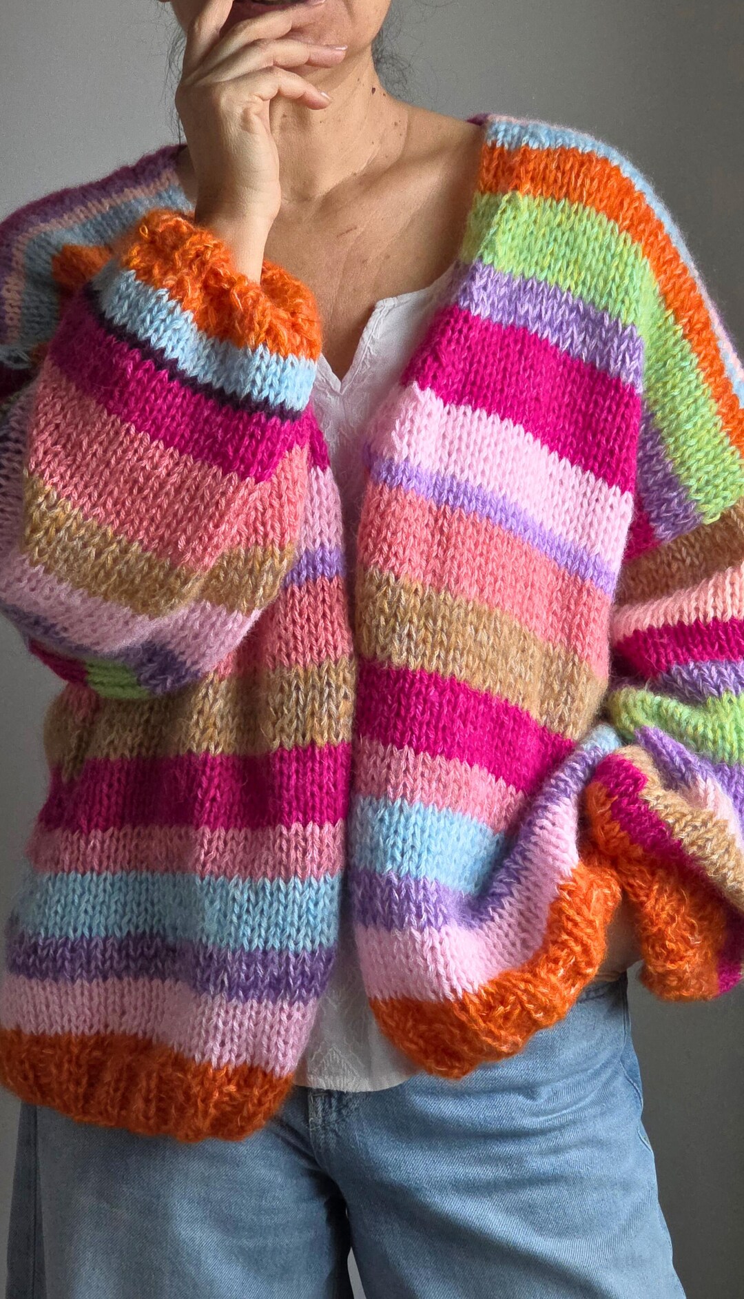 Oversized Striped Mohair Cardigan, Slouchy Knit Sweater, Soft