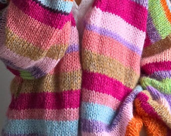 Cárdigan de mohair a rayas de gran tamaño, suéter de punto holgado, cárdigan grueso bohemio hecho a mano en mezcla de angora suave