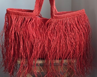 Large Coral Red Crochet Raffia Tassel Shopper Beach bag Shoulder Bag for the Beach Bag or as a Chic Market bag