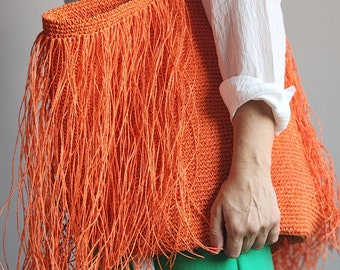 Grote oranje gehaakte shopper met raffia kwastjes Schoudertas voor de strandtas of als chique markttas