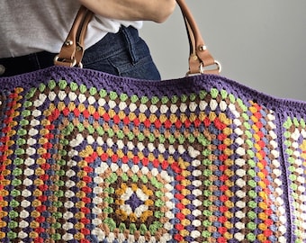 Handmade Crochet Weekender Bag –XXL Travel Tote with Leather Straps –Oversized Carry-All Bag –Large Overnight Boho Bag –Knittrolley Original