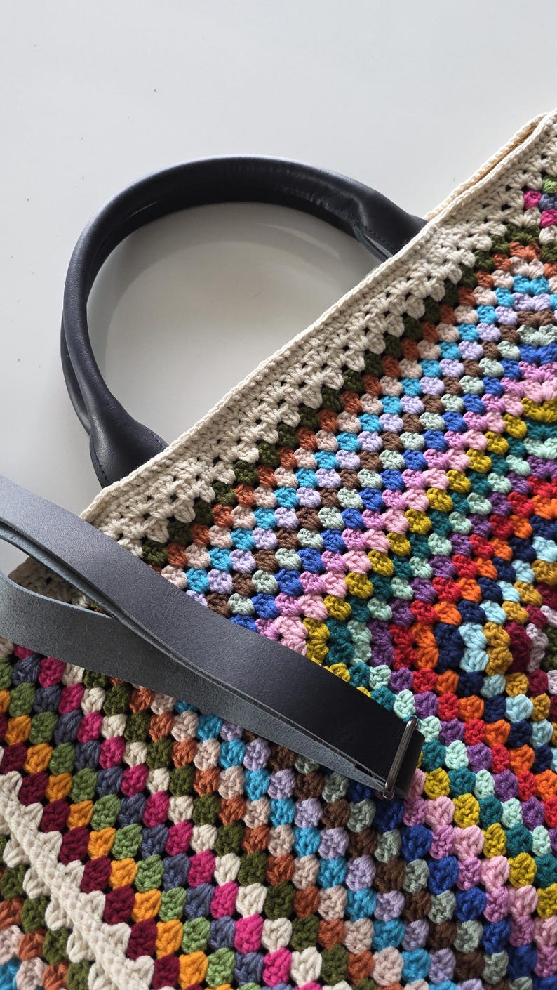 Crochet Weekender Bag, Handmade Travel Tote, Large Crochet Bag with Leather Straps, Overnight Boho Bag image 18