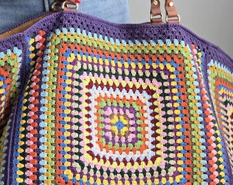 Handmade Crochet Weekender Bag –XXL Travel Tote with Leather Straps –Oversized Carry-All Bag –Large Overnight Boho Bag –Knittrolley Original
