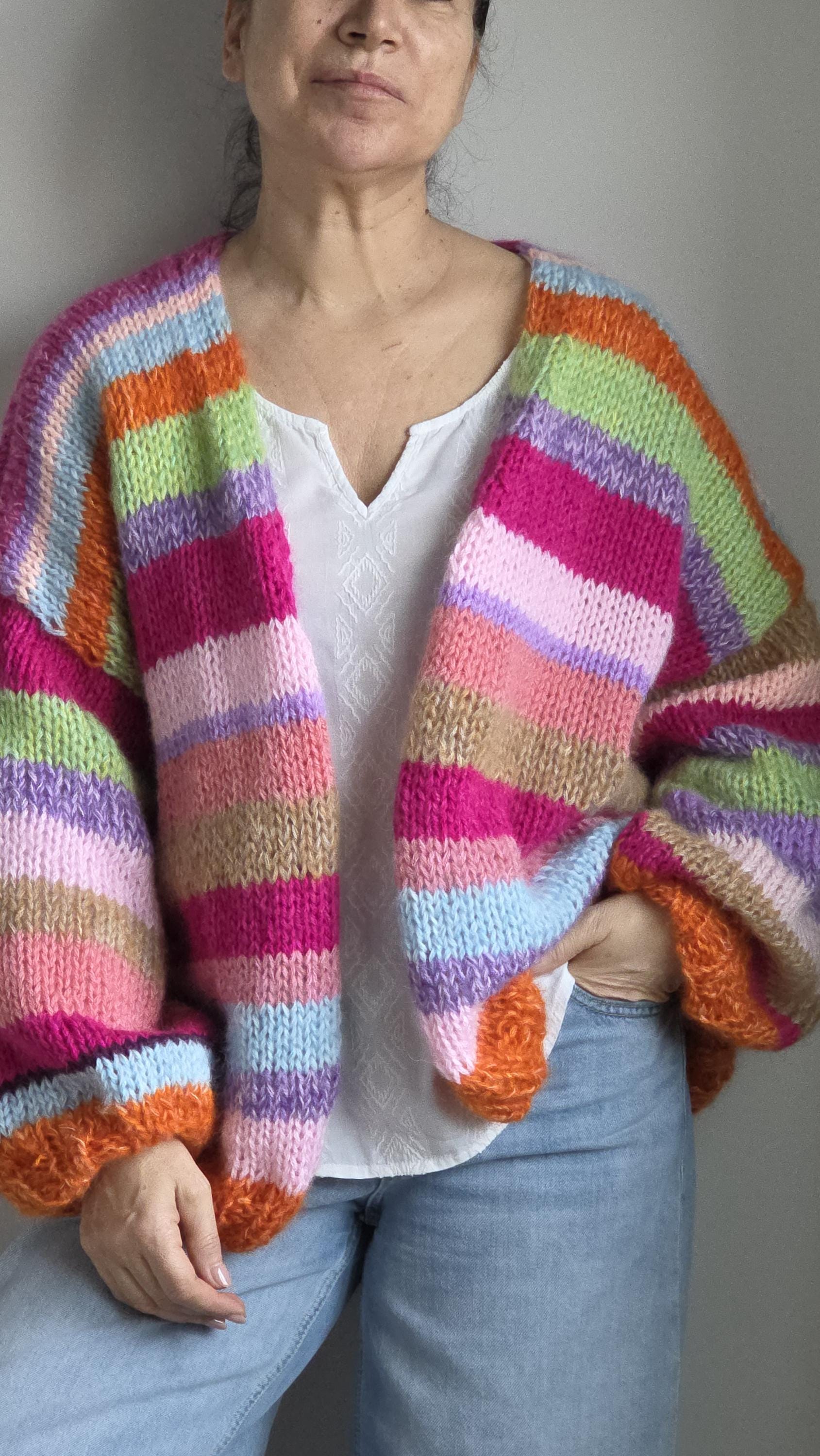 Oversized Striped Mohair Cardigan, Slouchy Knit Sweater, Soft