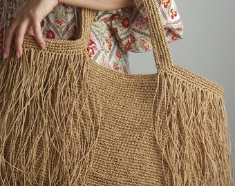 Große häkeln Raffia Quaste Shopper Tasche Schultertasche für den Strand oder als schicke Markttasche in Farboptionen - Vorbestellung