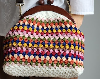 Cream based Colored Granny Crochet Clasp Purse - Clasp Clutch , lined with adjustable strap pre-order