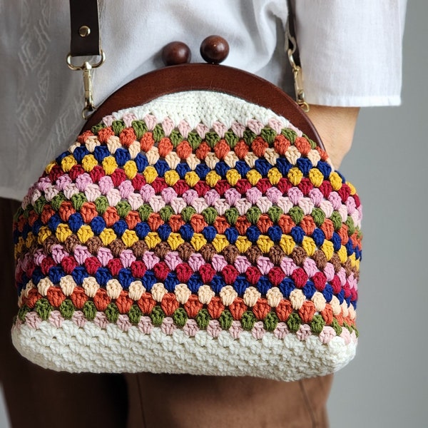 Cream based Colored Granny Crochet Clasp Purse - Clasp Clutch , lined with adjustable strap pre-order