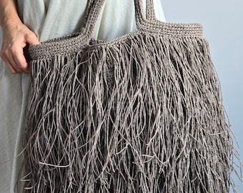 Large  Raffia Tote Bag with Luxurious Fringes - Handmade Crochet, Boho Chic, Earth Tone Eco-Friendly Statement Piece