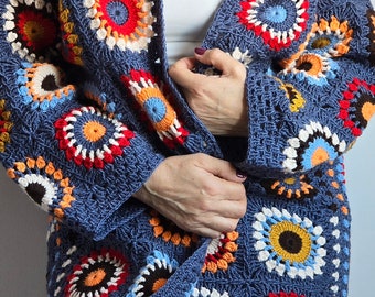 Colorful Boho Chic Crochet Cardigan - Handcrafted Multicolor Circular Motif Design, Cozy Acrylic Yarn, One-of-a-Kind Artisanal Wear