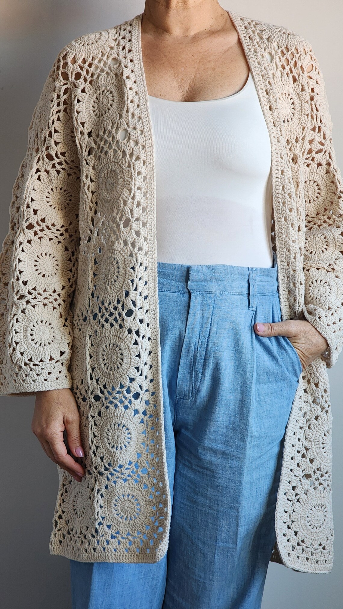 Women's Boho Crochet Cardigan - Pink & Beige Hexagon Knit V-Neck Sweater Top