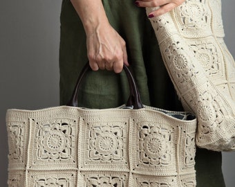 Handmade Crochet Tote Bag: Beige Vintage Style with Leather Handles