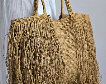 Crochet Raffia Fringe Shopper Bag: Beige Beach Tote