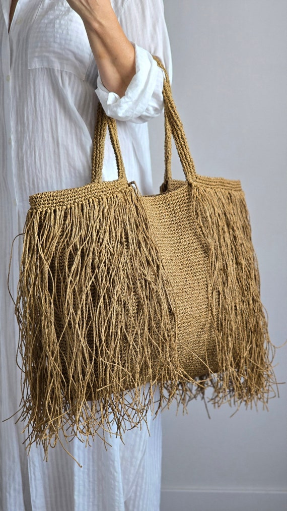 Crochet Raffia Fringe Shopper Bag: Beige Beach Tote - Etsy