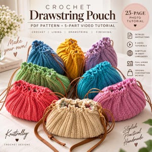 May include: A collection of crochet drawstring pouches in various colours including blue, yellow, purple, green, pink, and beige. Each pouch features a ribbed texture, a gathered top, and a brown leather-like strap. Text includes Crochet Drawstring Pouch.