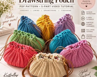 Crochet Drawstring Pouch Pattern PDF, Video Tutorial, Lined Crochet Bag Pattern