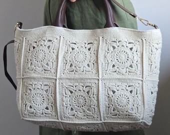 Handmade Crochet Tote Bag: Beige Vintage Style with Leather Handles