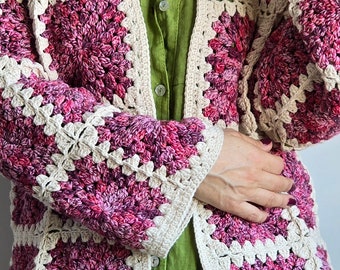 Cardigan printemps/été carré grand-mère au crochet couleur crème rose dans un style vintage