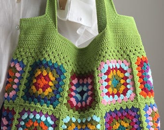 Bolso de abuela cuadrado de crochet verde: bolso de hombro bohemio hecho a mano