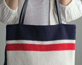 Navy Marine Crochet Tote Bag – Striped Handmade Shoulder Bag with Leather Handles
