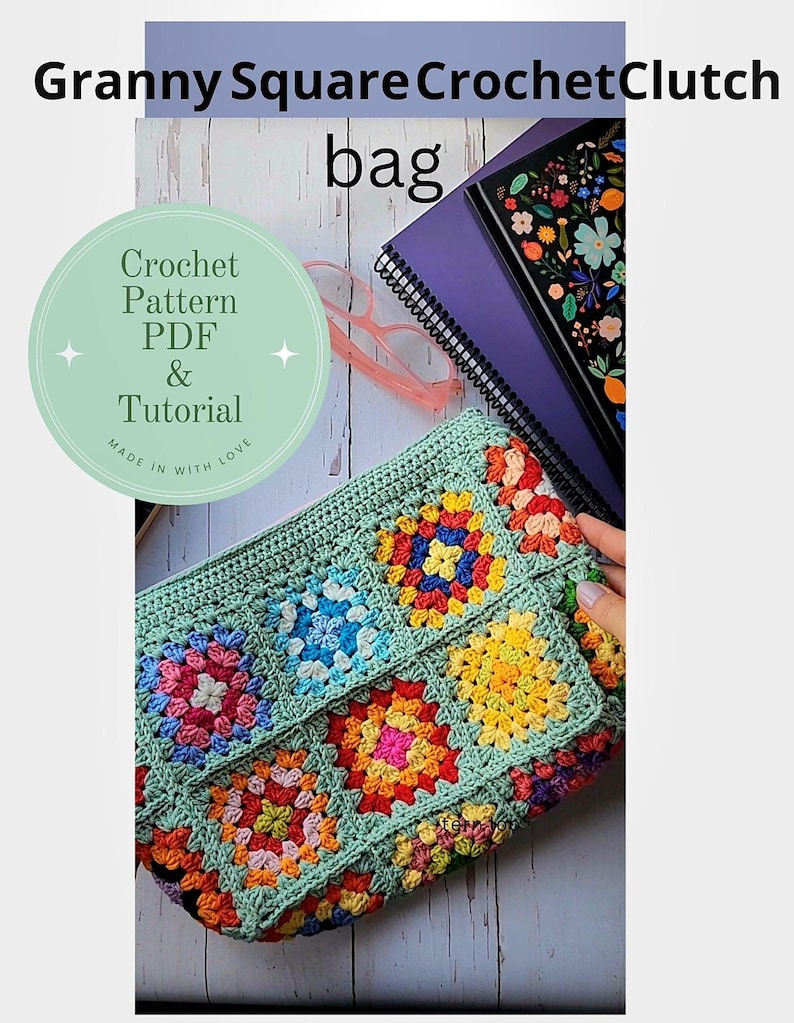 Crochet zipper pouch clutch in bright granny-square panels with orange border; a colorful makeup bag.