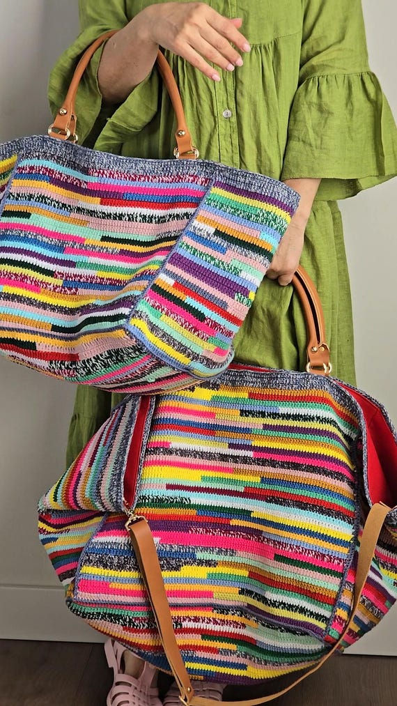 Handcrafted Crochet Striped Bag - Brown and pink Handmade Pink & Brown Crochet Handbag - Etsy main image 3