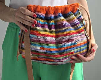 Handmade Striped Colorful Crochet Drawstring Pouch Bag –  & Striped Bag – Colorful Boho Crossbody – Adjustable Leather Strap – Gift for Her