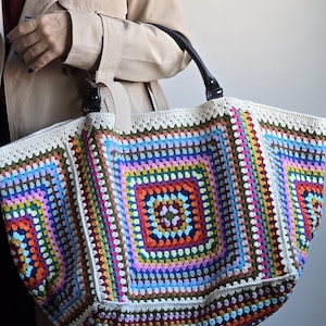 Crochet Weekender Bag, Handmade Travel Tote, Large Crochet Bag with Leather Straps, Overnight Boho Bag image 10