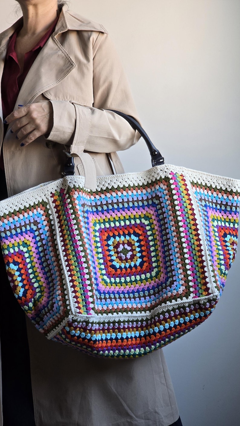 Crochet Weekender Bag, Handmade Travel Tote, Large Crochet Bag with Leather Straps, Overnight Boho Bag image 10