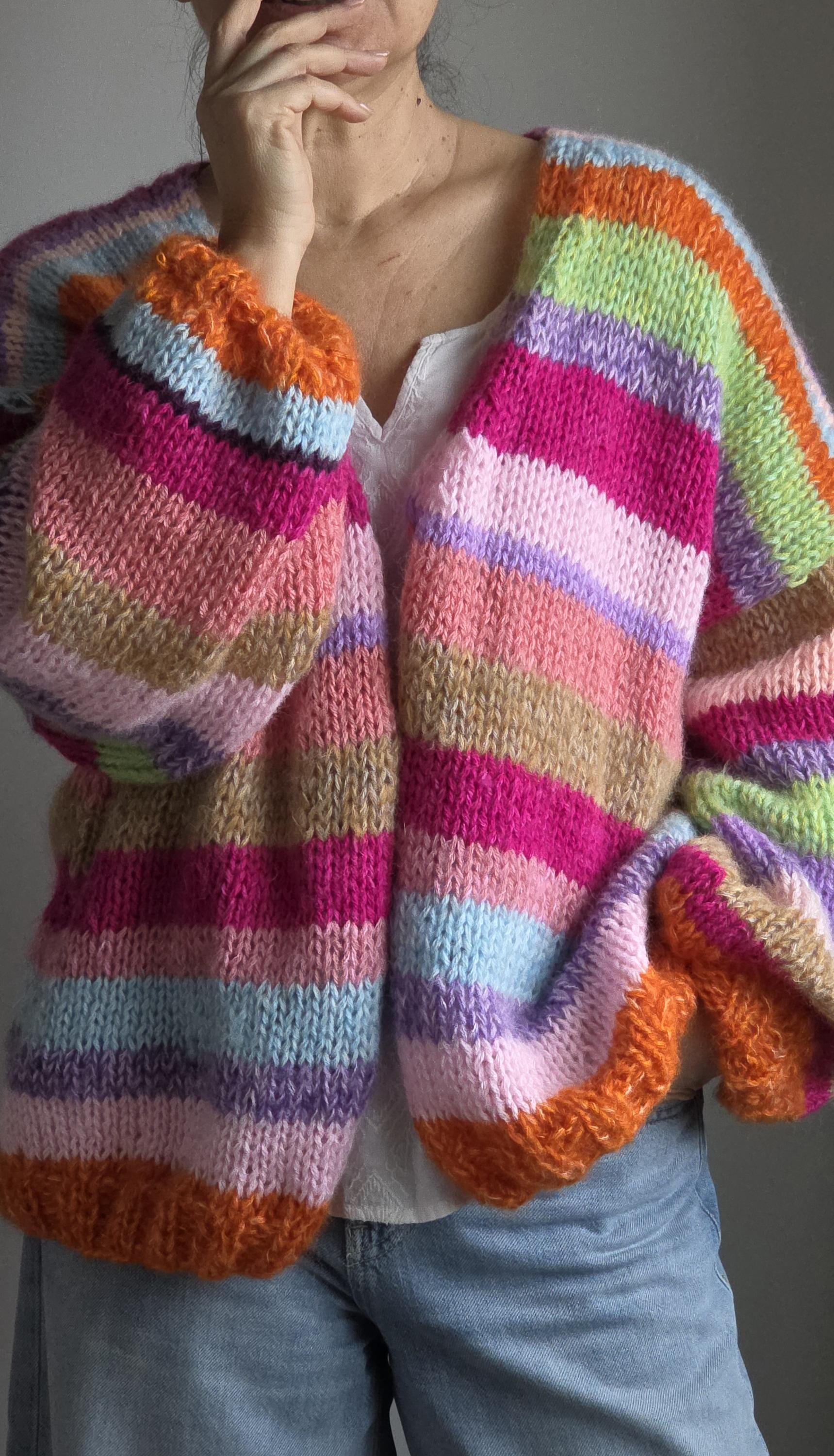 Oversized Striped Mohair Cardigan, Slouchy Knit Sweater, Soft