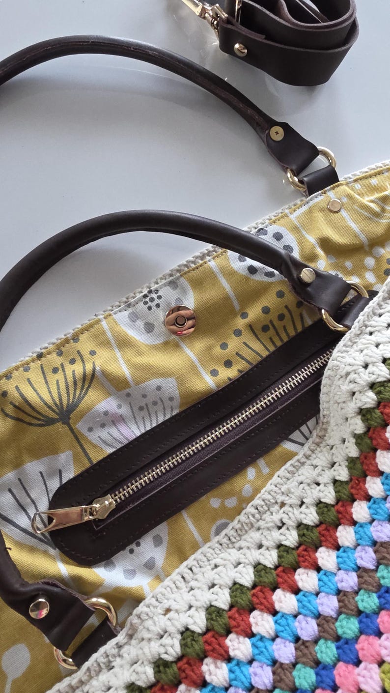 Crochet Weekender Bag, Handmade Travel Tote, Large Crochet Bag with Leather Straps, Overnight Boho Bag image 14