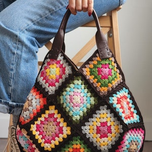 Brown Colorful Crochet Vintage Tote Bag with Leather Handles - Lined Interior for Extra Durability - Chic Daily Handbag